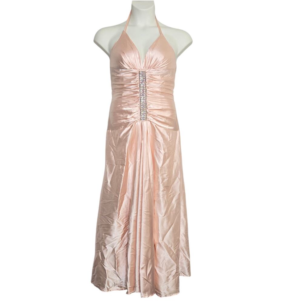 Vintage Jessica McClintock Dress Size 10 Peach Satin Rhinestones Ruched Formal
